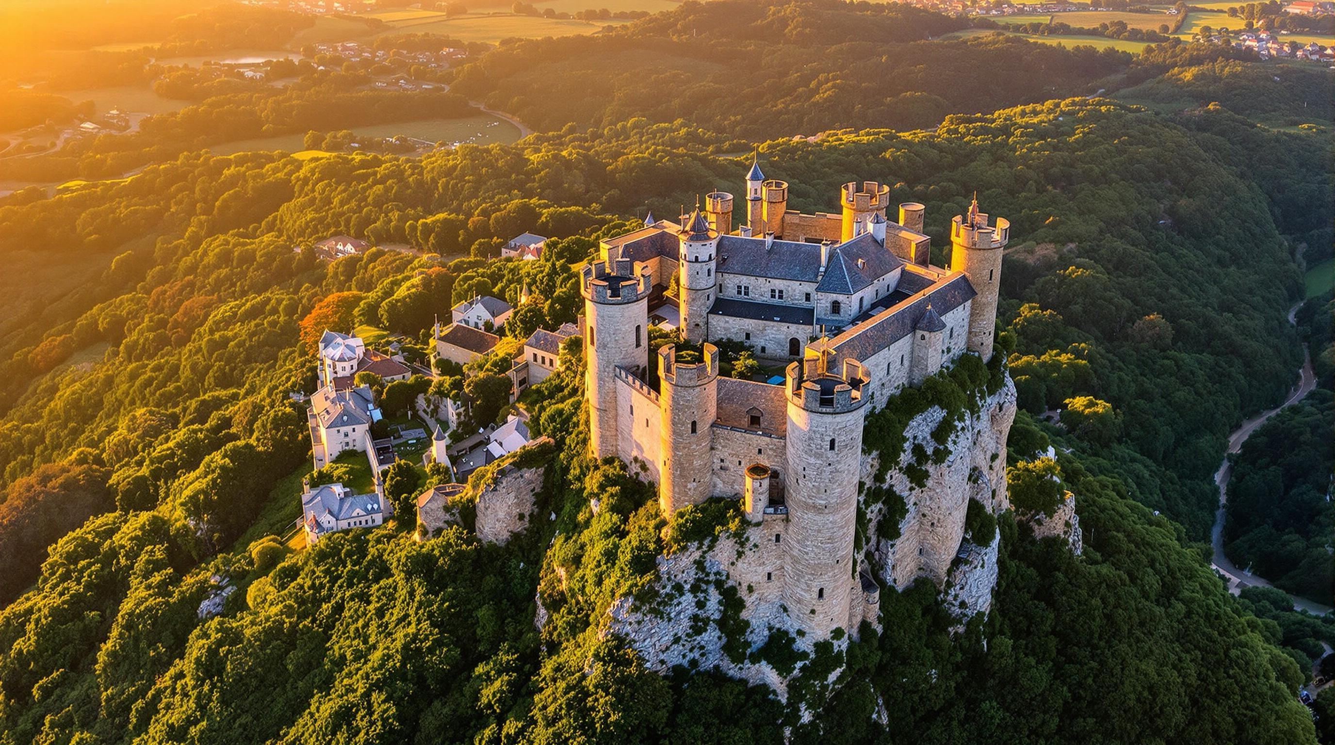 Vue aérienne du Château de Tonquédec dominant la vallée du Léguer au coucher du soleil.