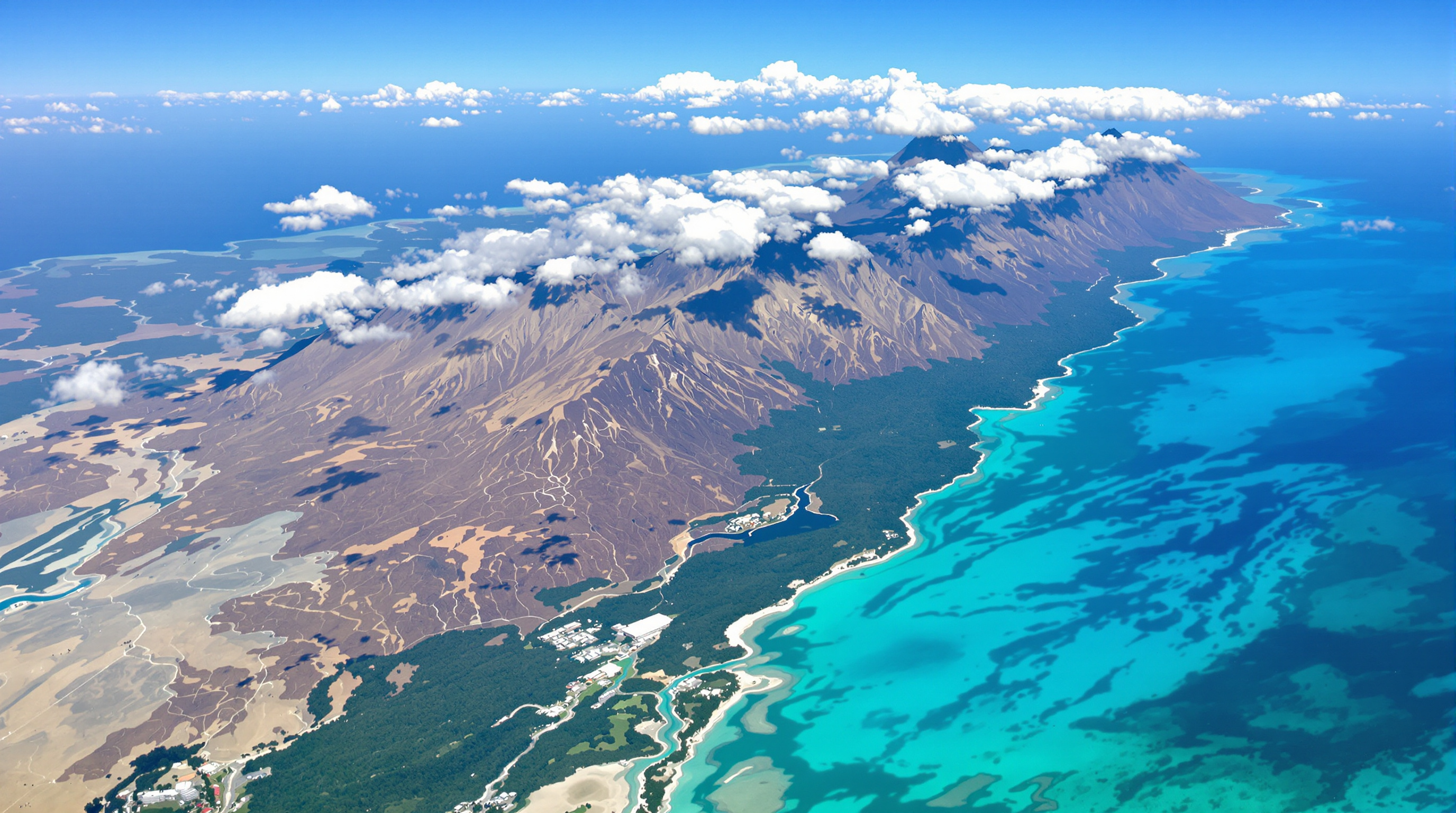 Vue aérienne de la Grande Terre montrant sa forme allongée et le relief de la Chaîne Centrale qui la sépare en deux, avec la côte Ouest plus sèche et la côte Est plus luxuriante.