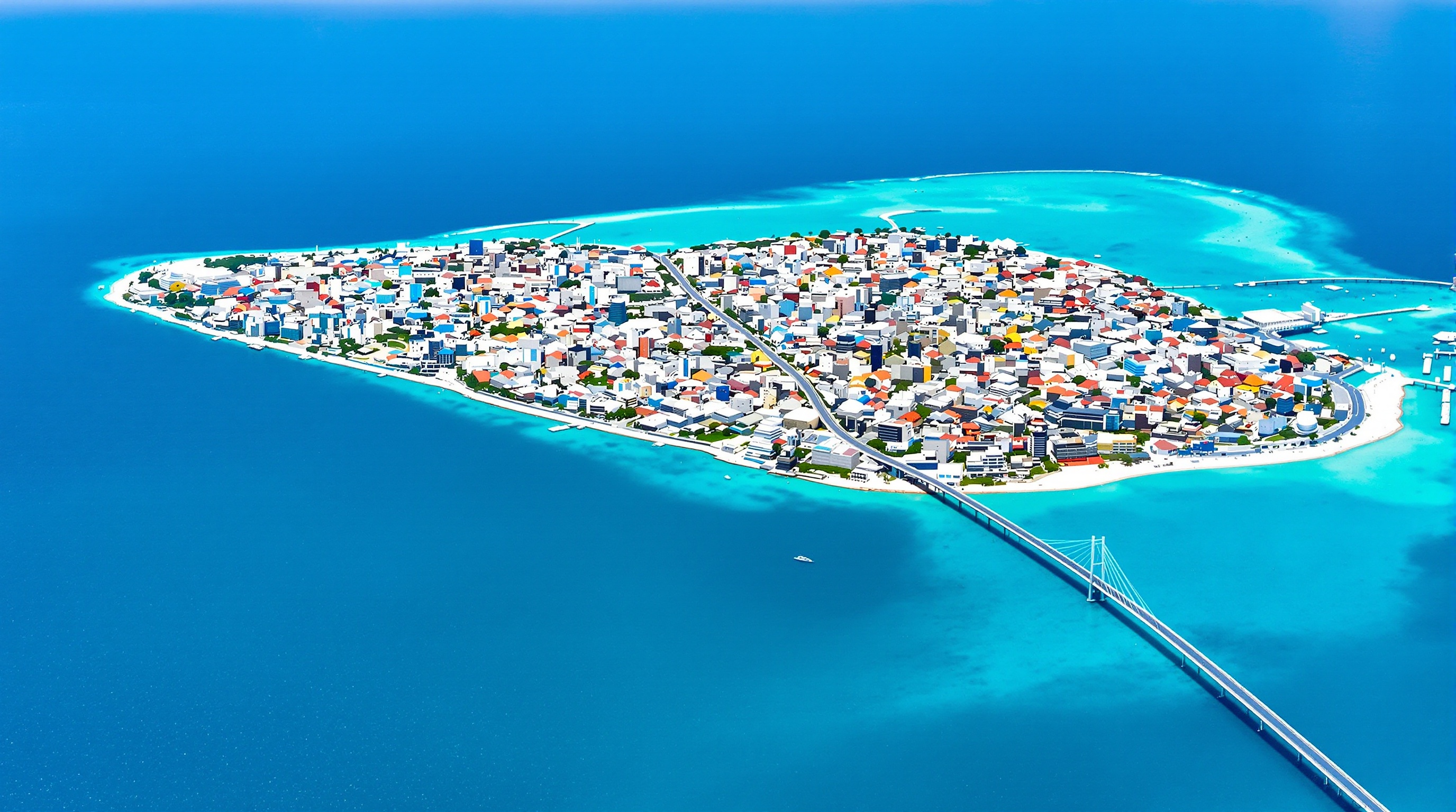 Vue aérienne de l'île-capitale de Malé, montrant l'incroyable densité de bâtiments colorés entourés par la mer, avec le pont la reliant à l'île de l'aéroport.