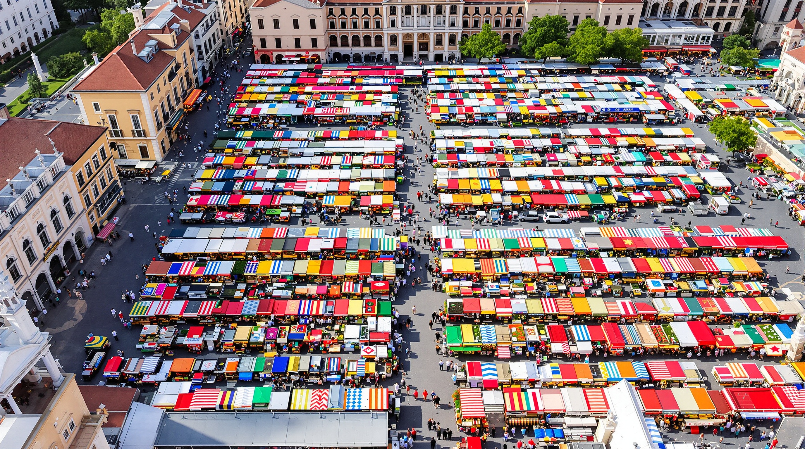 Vue aérienne du vaste marché en plein air de Porta Palazzo à Turin, avec ses étals colorés et une foule animée de visiteurs et de marchands, illustrant son envergure européenne.