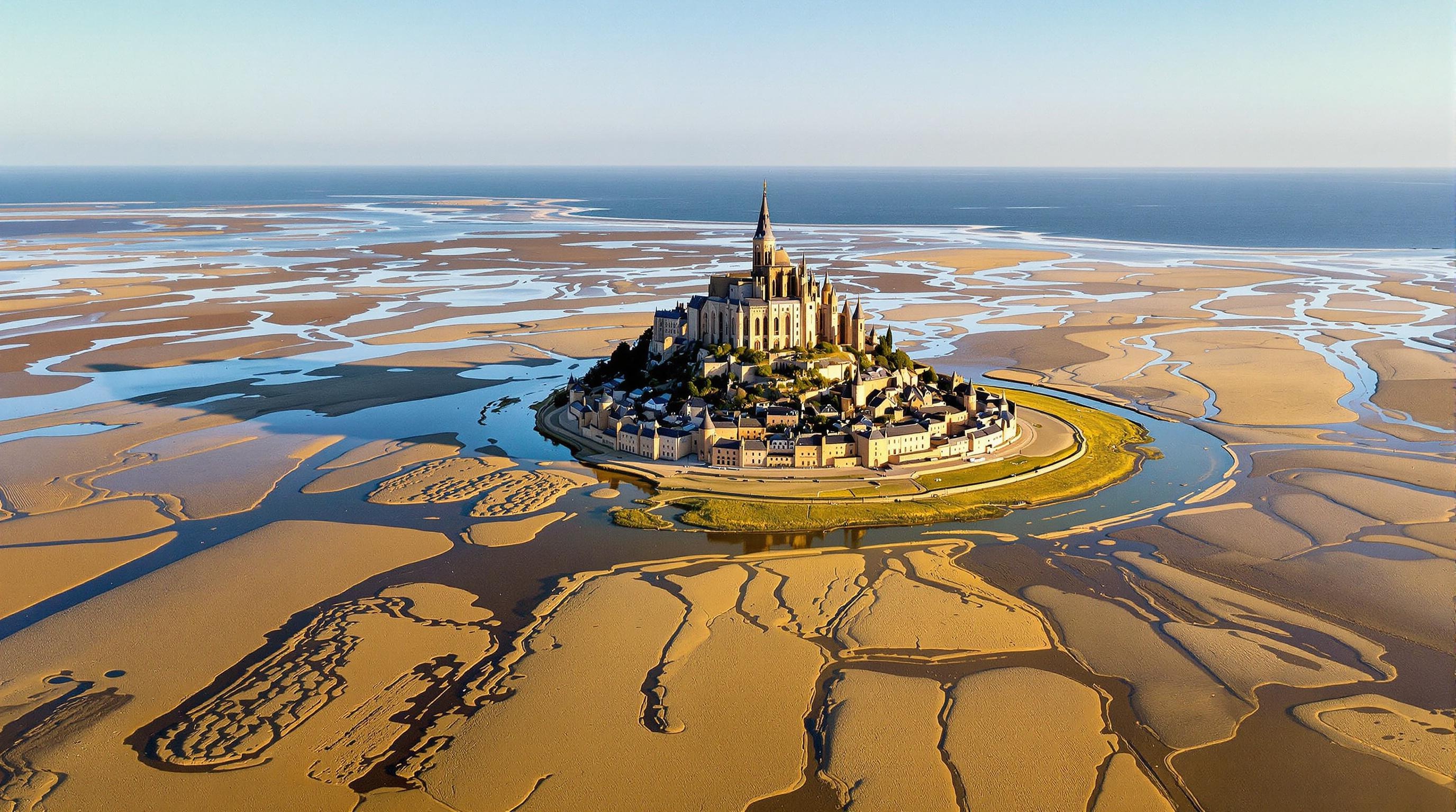 Vue aérienne du Mont-Saint-Michel et de sa baie à marée basse