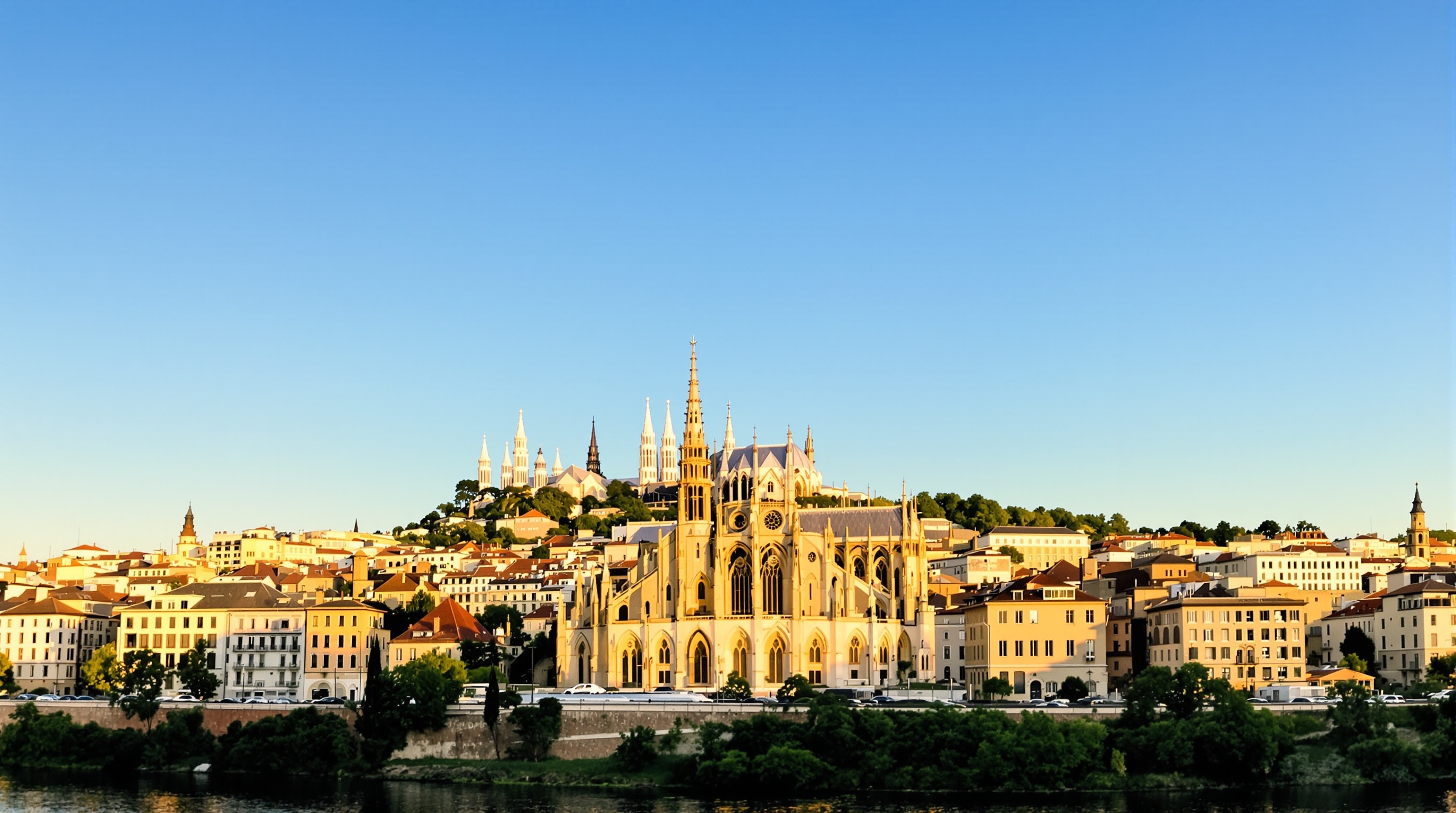 Vue d'ensemble de la Cathédrale Saint-Jean depuis la rive opposée de la Saône, avec la colline de Fourvière et la Basilique Notre-Dame de Fourvière en arrière-plan, illustrant sa place centrale dans le paysage historique de Lyon.
