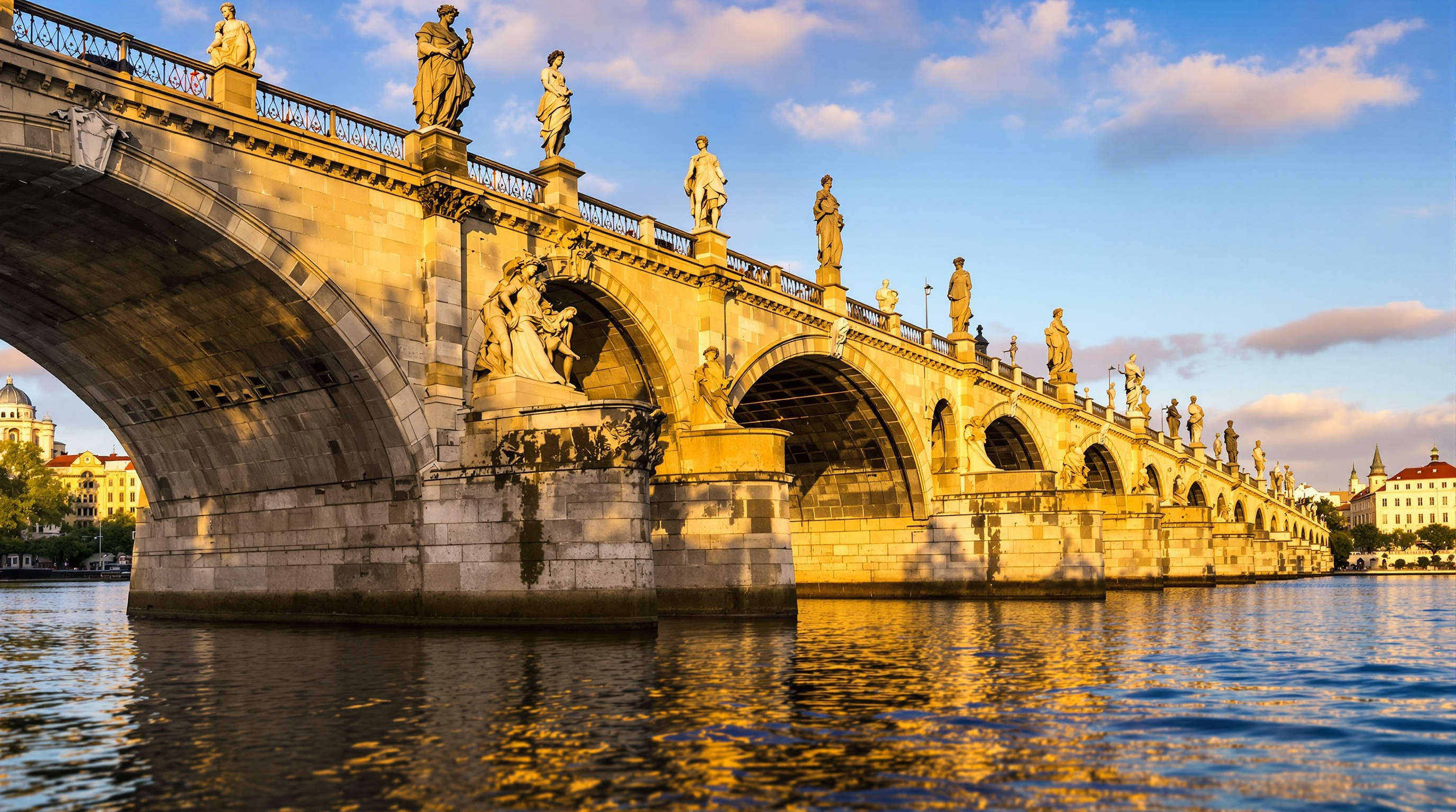 Vue dramatique sur les arches gothiques et les statues baroques du Pont Charles, depuis la surface de la Vltava.