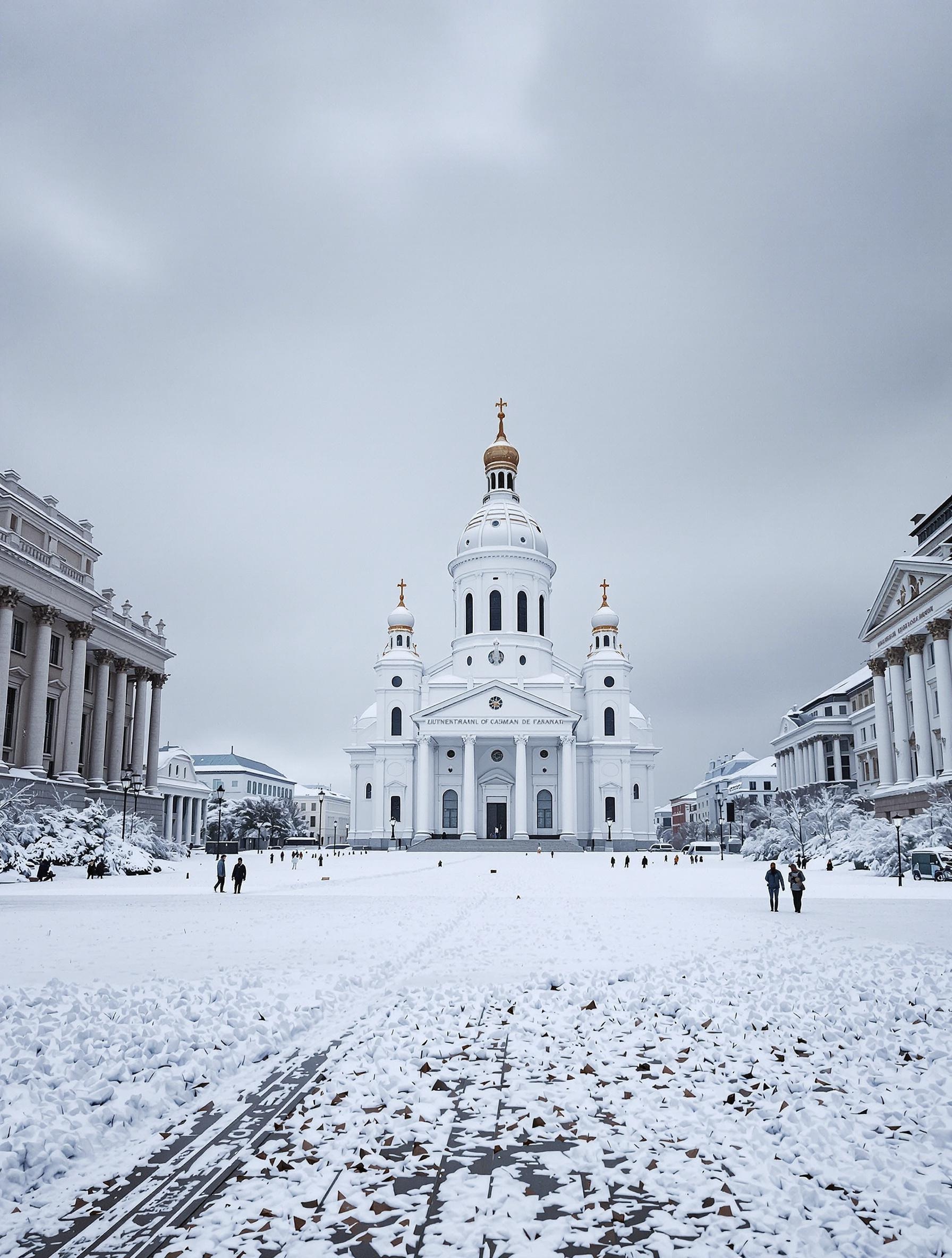 Vue hivernale de la Place du Sénat et de la Cathédrale luthérienne entourées de bâtiments néoclassiques.