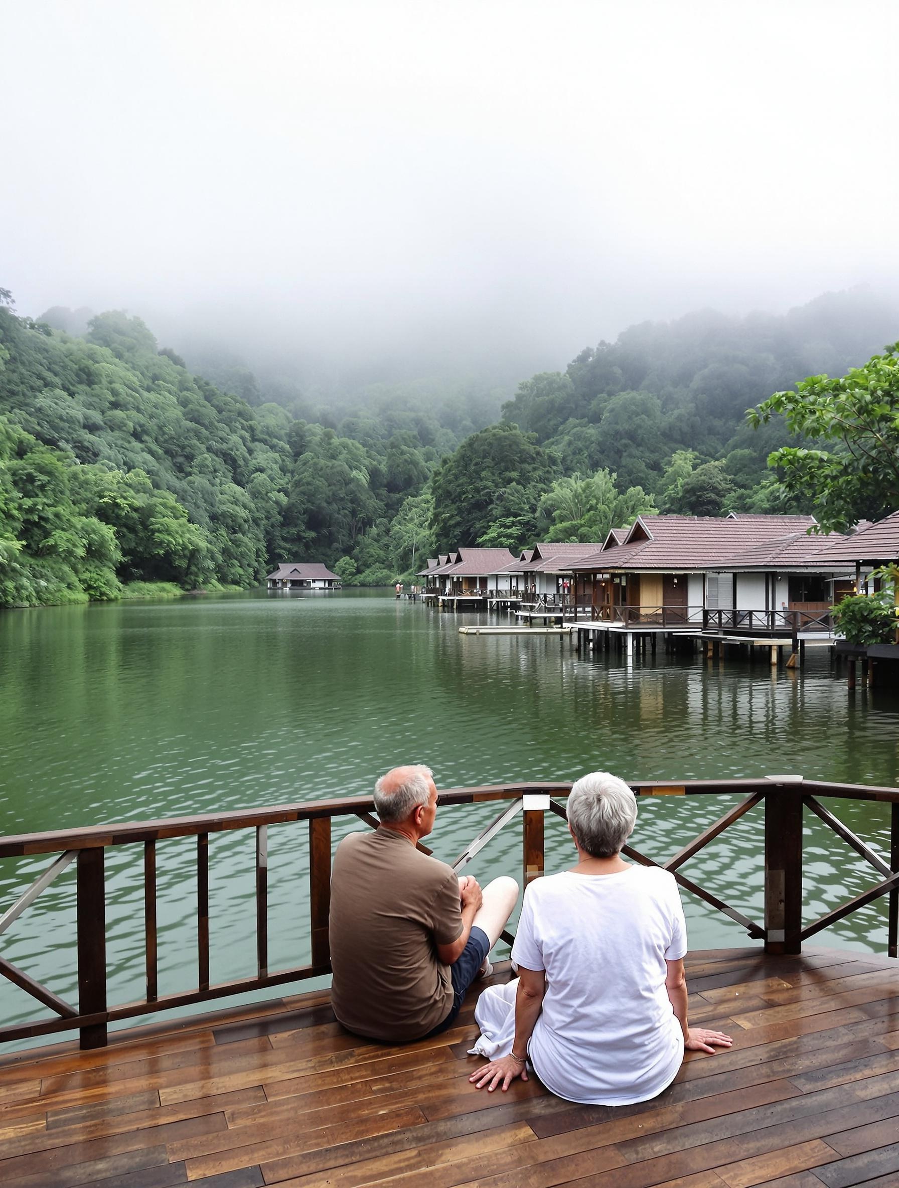 Lac Mae Ngat, bungalows flottants et brume matinale.