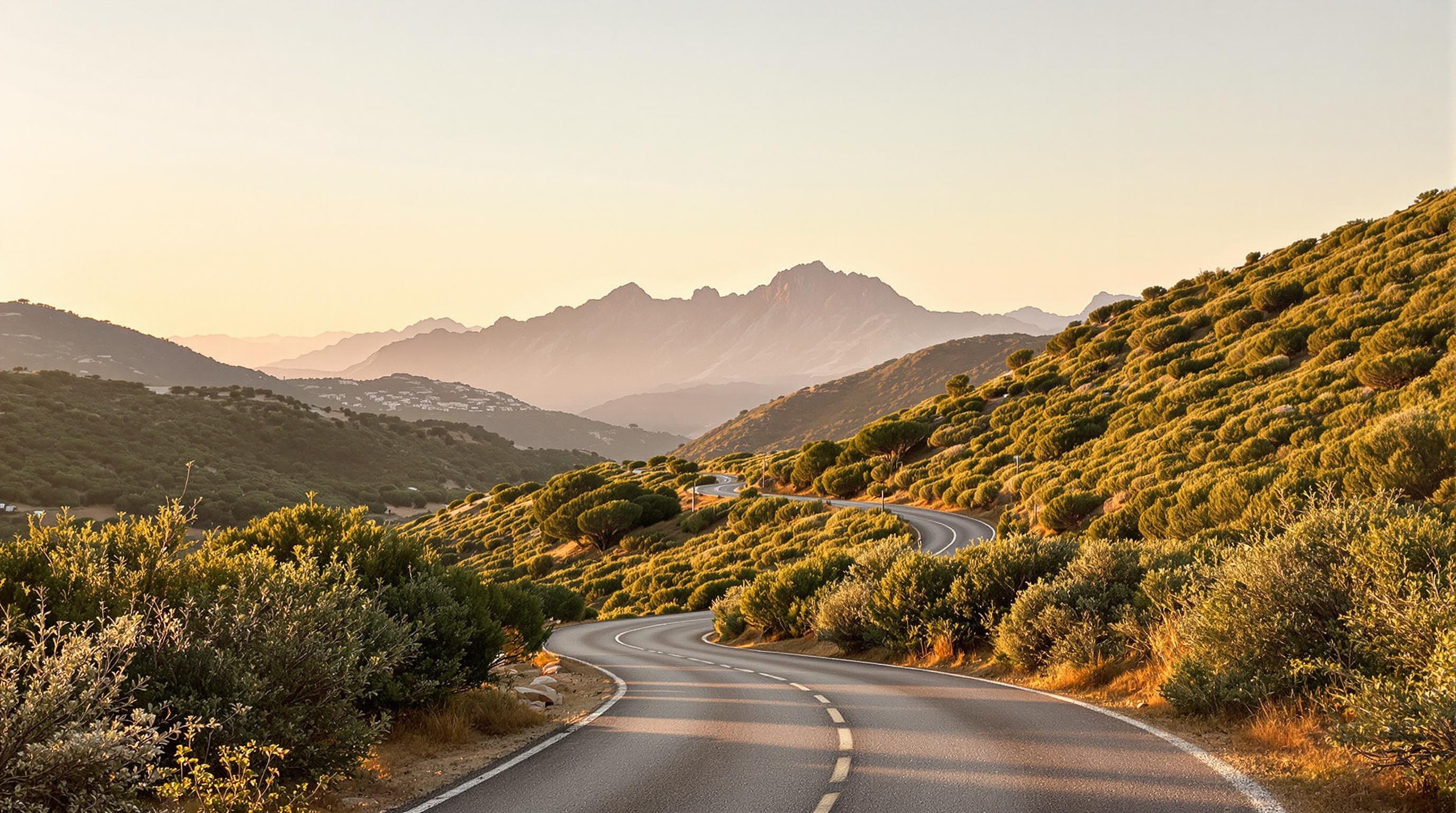 Route D80 au lever du jour avec vue sur le maquis du Cap Corse