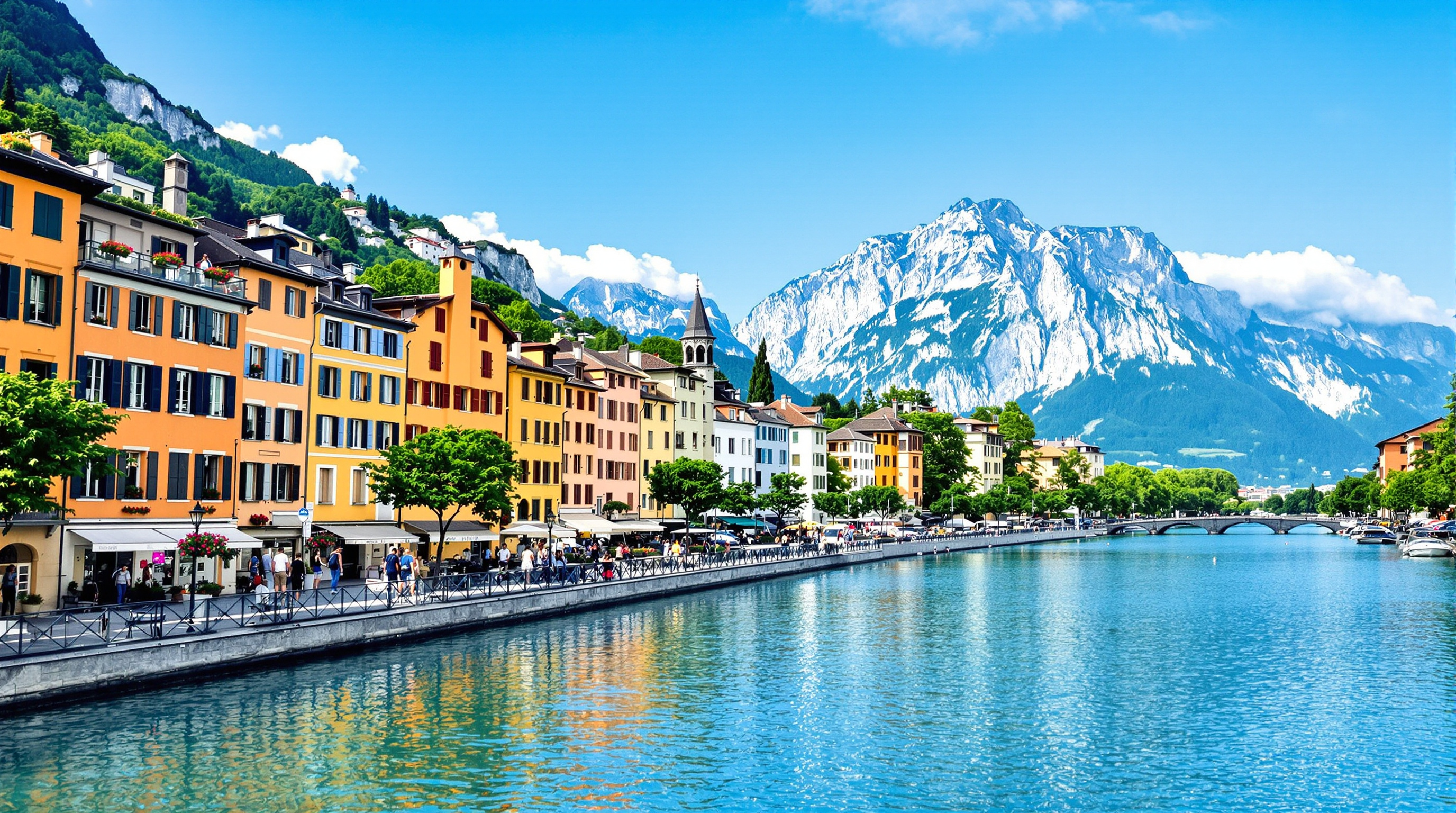 Vue paisible du lac d'Annecy avec canal du Thiou, bâtiments colorés et montagnes en arrière-plan