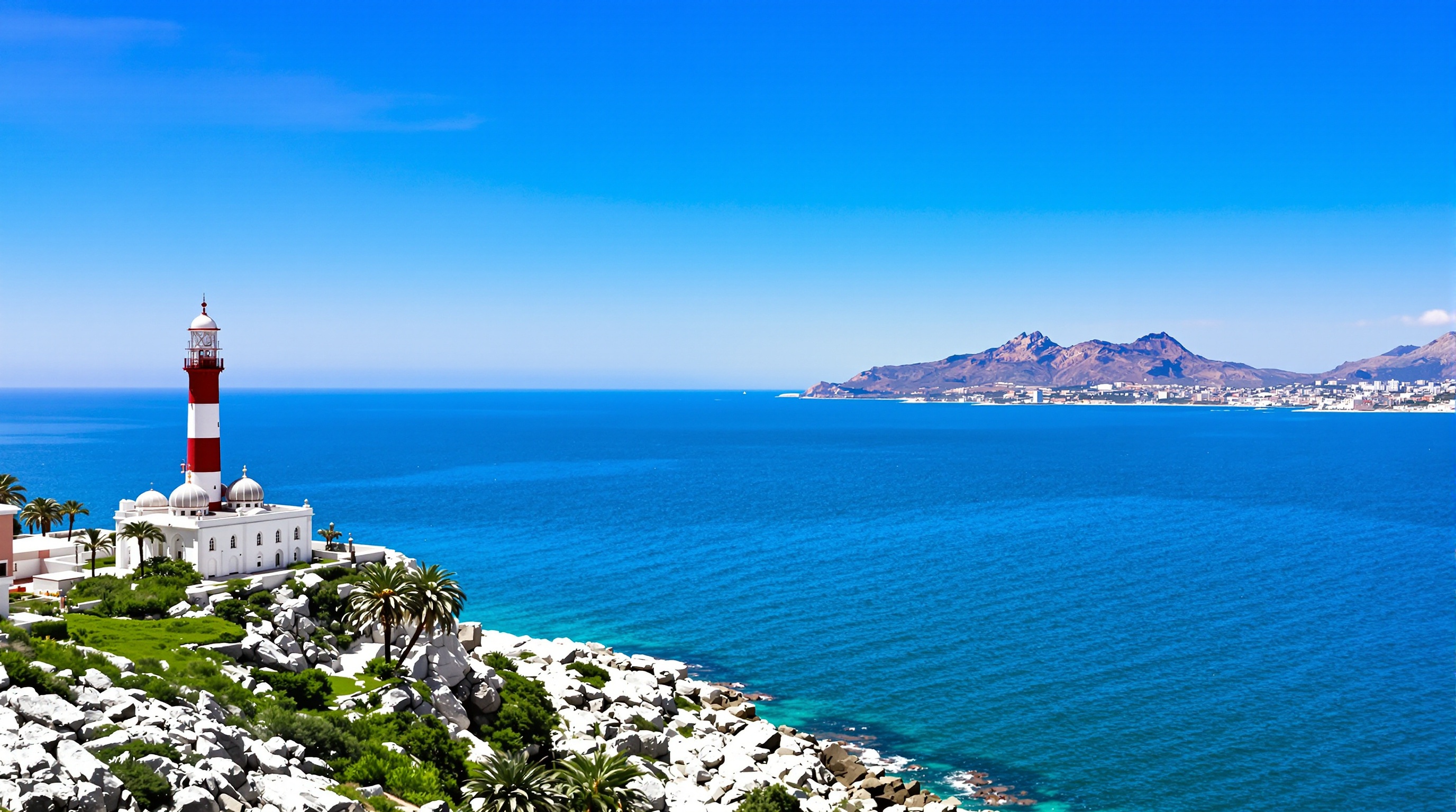 Vue panoramique depuis Europa Point à Gibraltar. On y voit clairement le phare blanc et rouge, la mosquée Ibrahim-al-Ibrahim, et au loin, par temps clair, les côtes du Maroc (Djebel Musa).