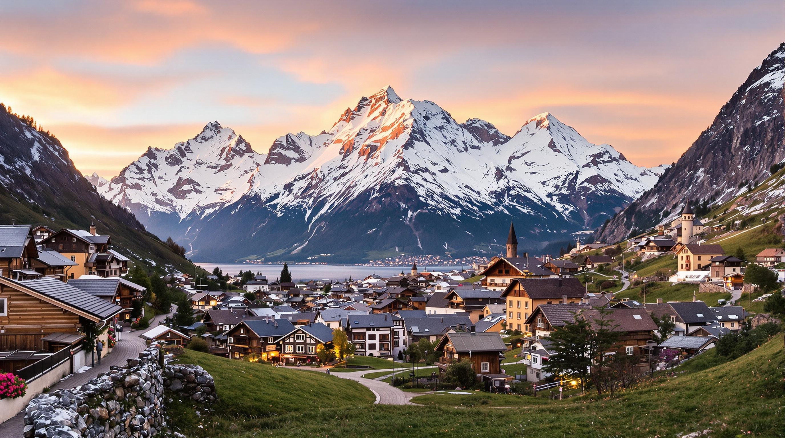 Vue panoramique sur Courmayeur et le Mont Blanc au coucher du soleil.