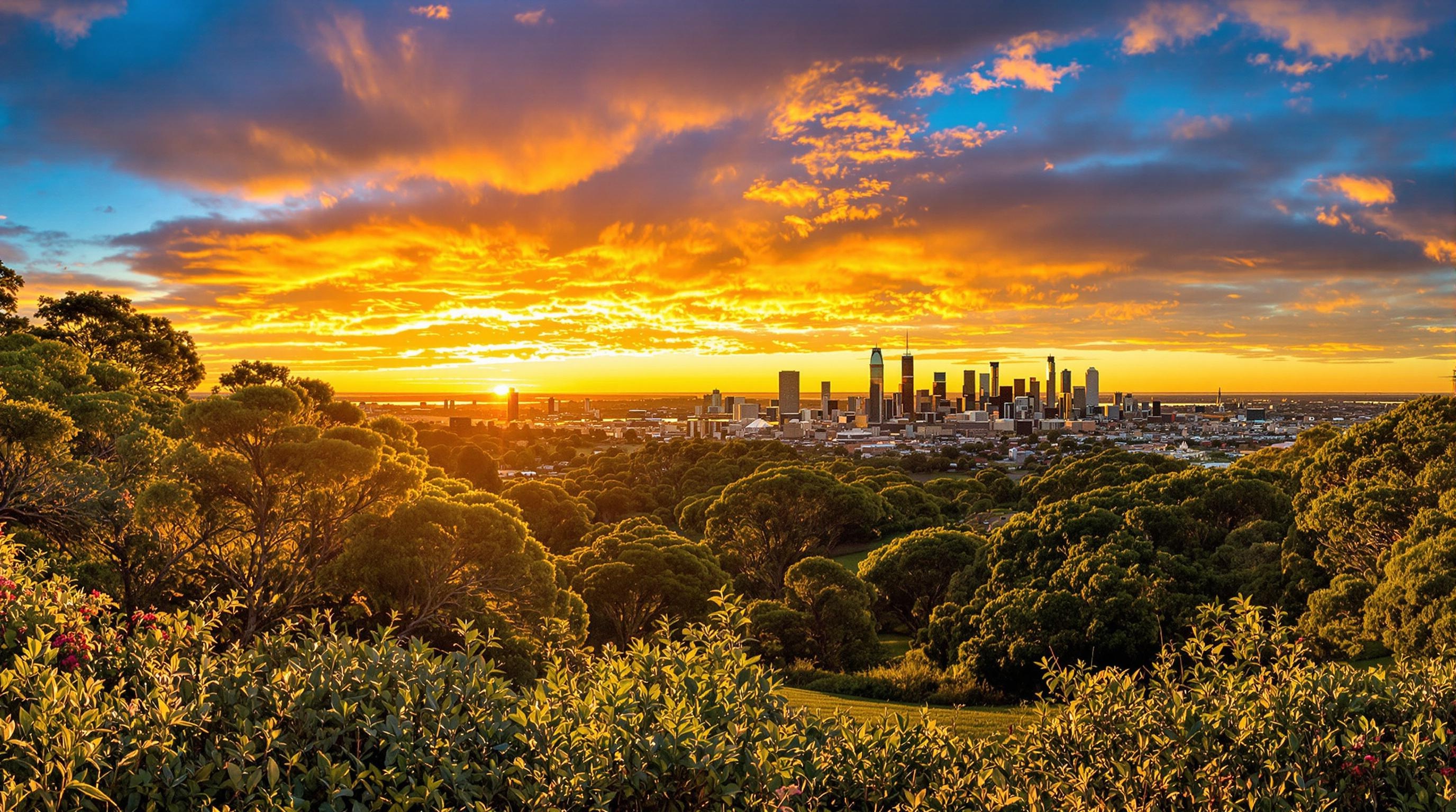 Vue panoramique de Kings Park à Perth au coucher du soleil, avec la silhouette urbaine en arrière-plan