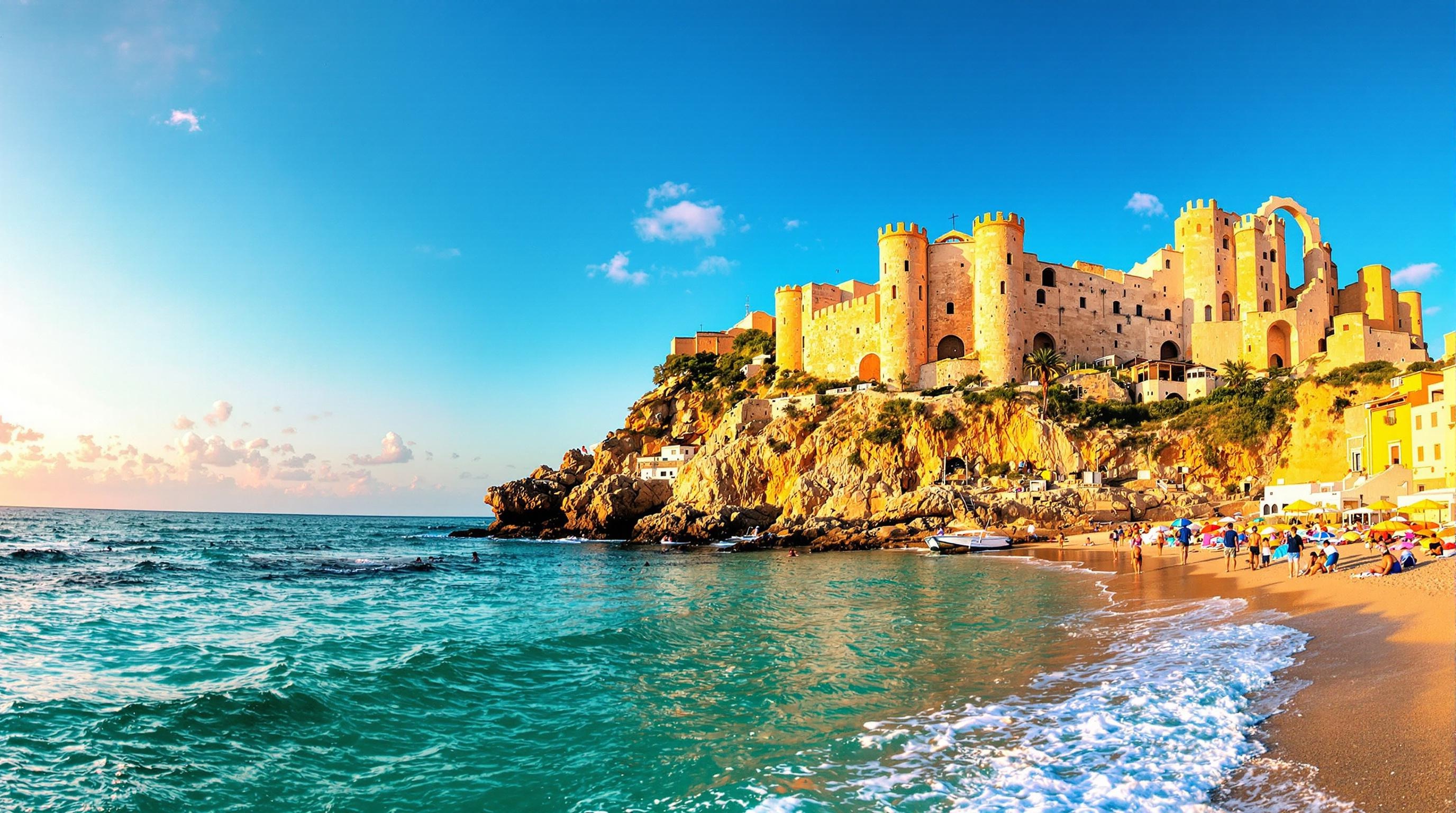 Vue panoramique de la plage de Cefalù avec ruines médiévales en arrière-plan