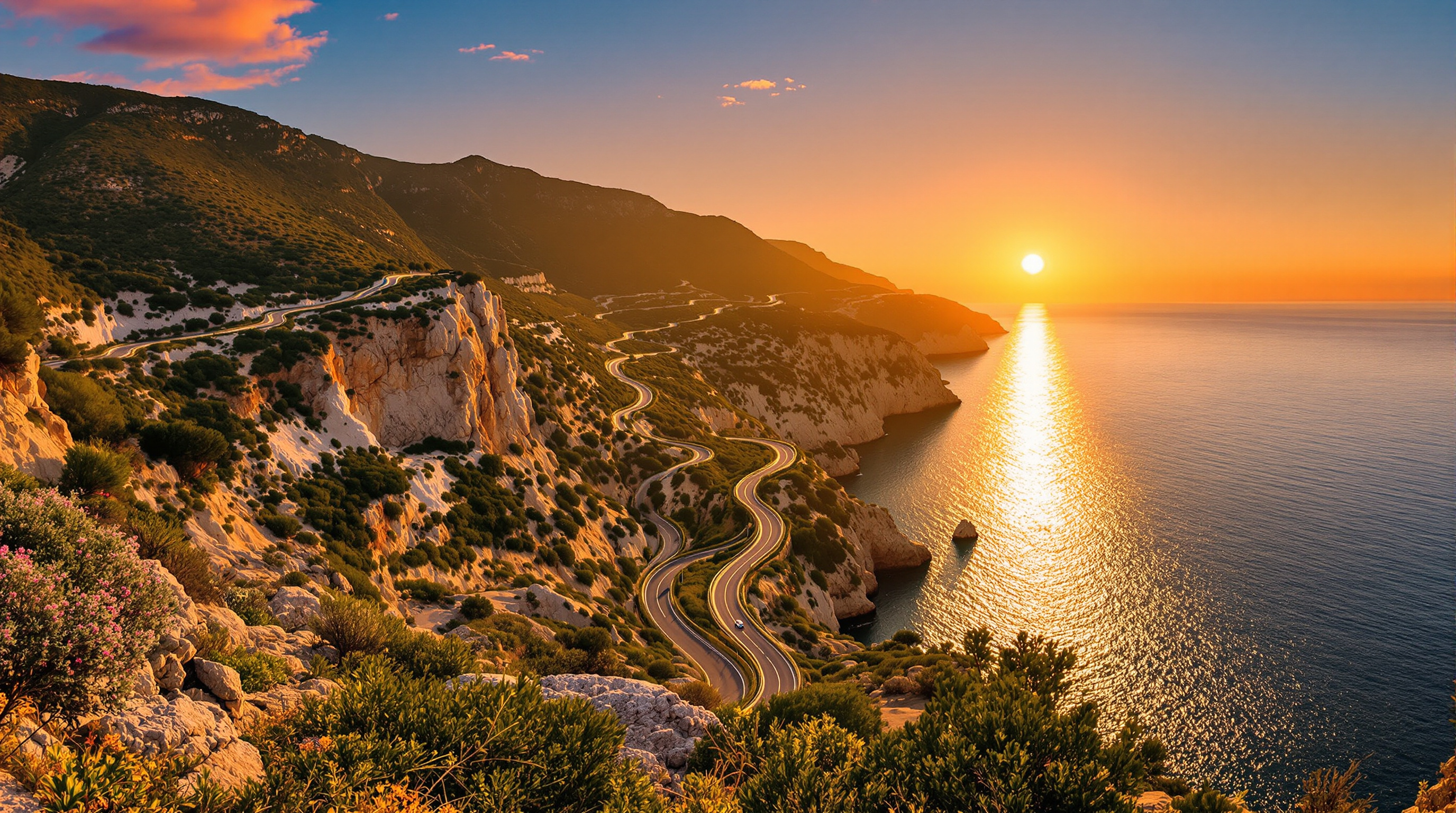 Route panoramique SP49 entre Alghero et Bosa au coucher de soleil.
