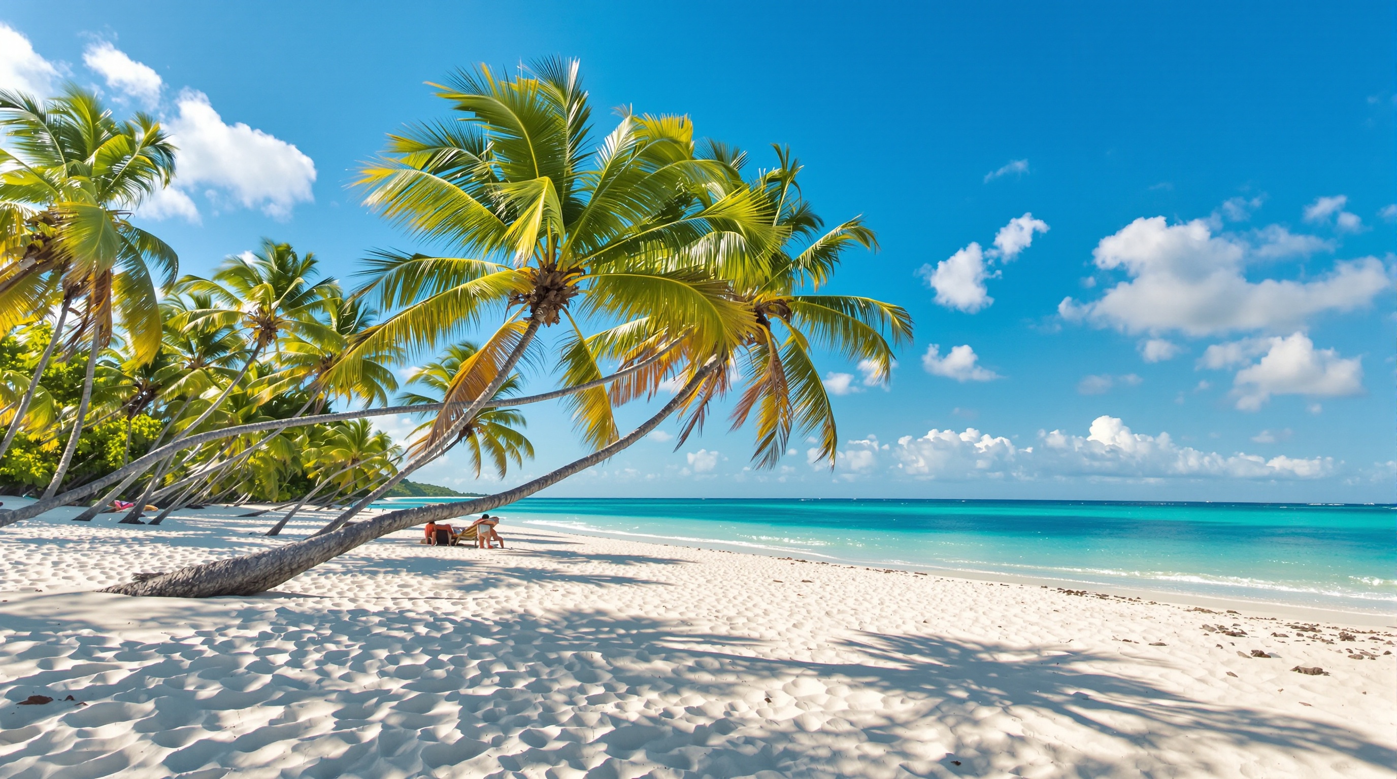 Vue de la plage des Salines en Martinique, sable blanc, cocotiers, mer turquoise.