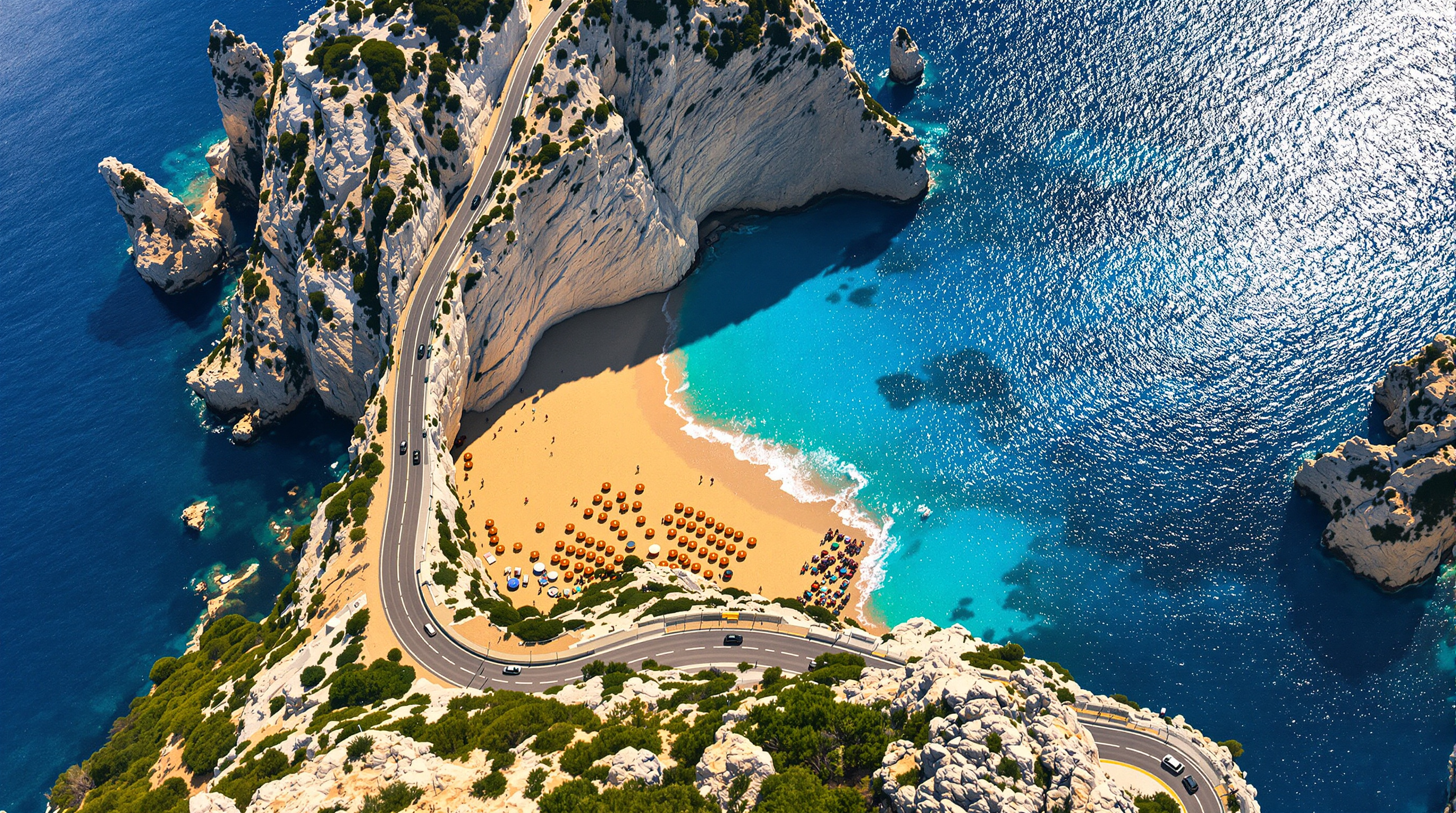 Vue plongeante sur la plage de Kaputaş, eau turquoise entre falaises abruptes et route sinueuse