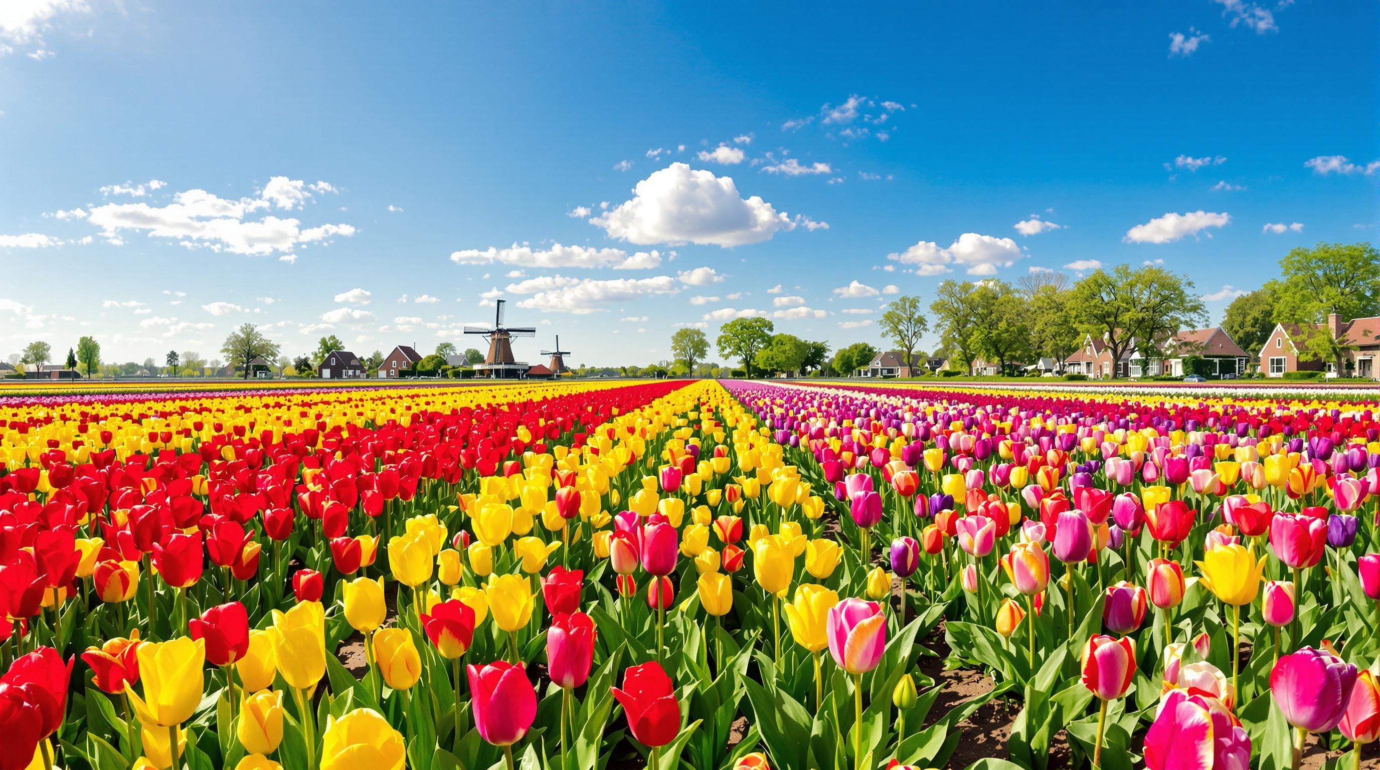 Vue printanière des tulipes dans un jardin néerlandais près d'Amsterdam