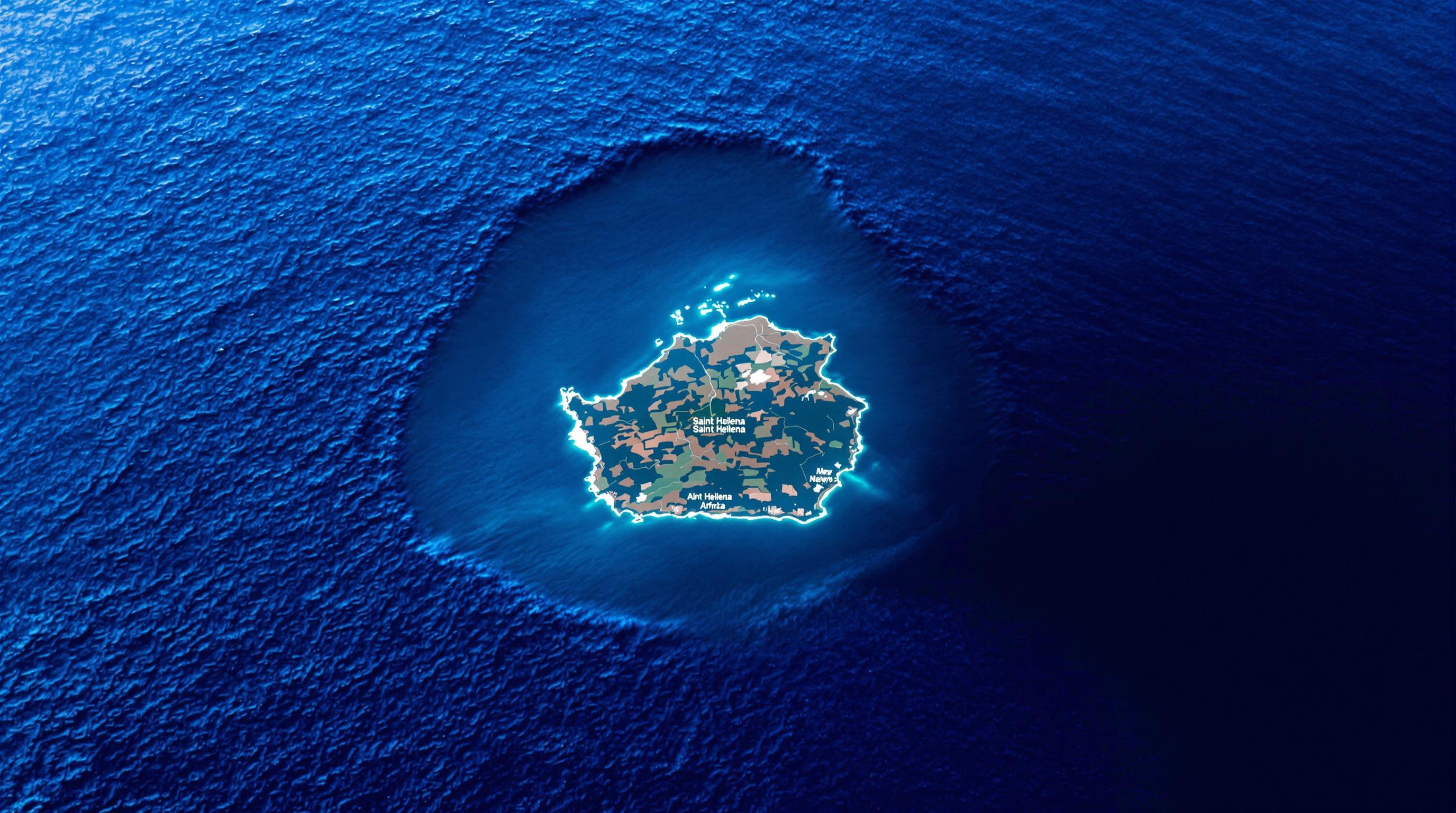 Vue satellite haute définition de Sainte-Hélène isolée entre Afrique et Amérique au cœur de l'Atlantique.