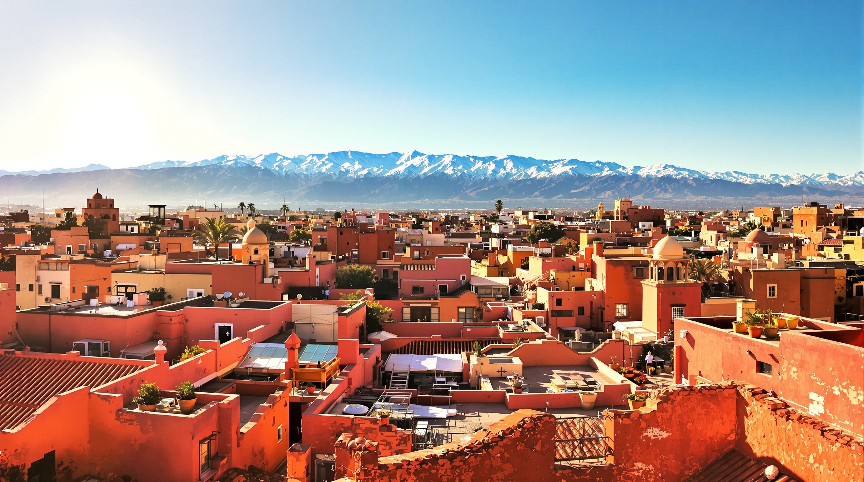 Vue depuis toit-terrasse Maison Photographie Marrakech sur médina et Atlas