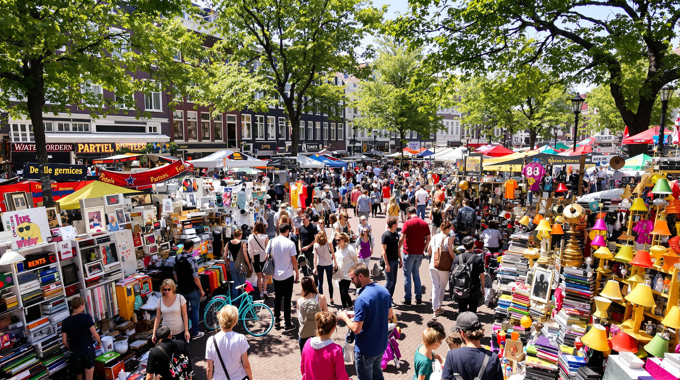 Vue d'ensemble marché Waterlooplein avec étals colorés et foule.