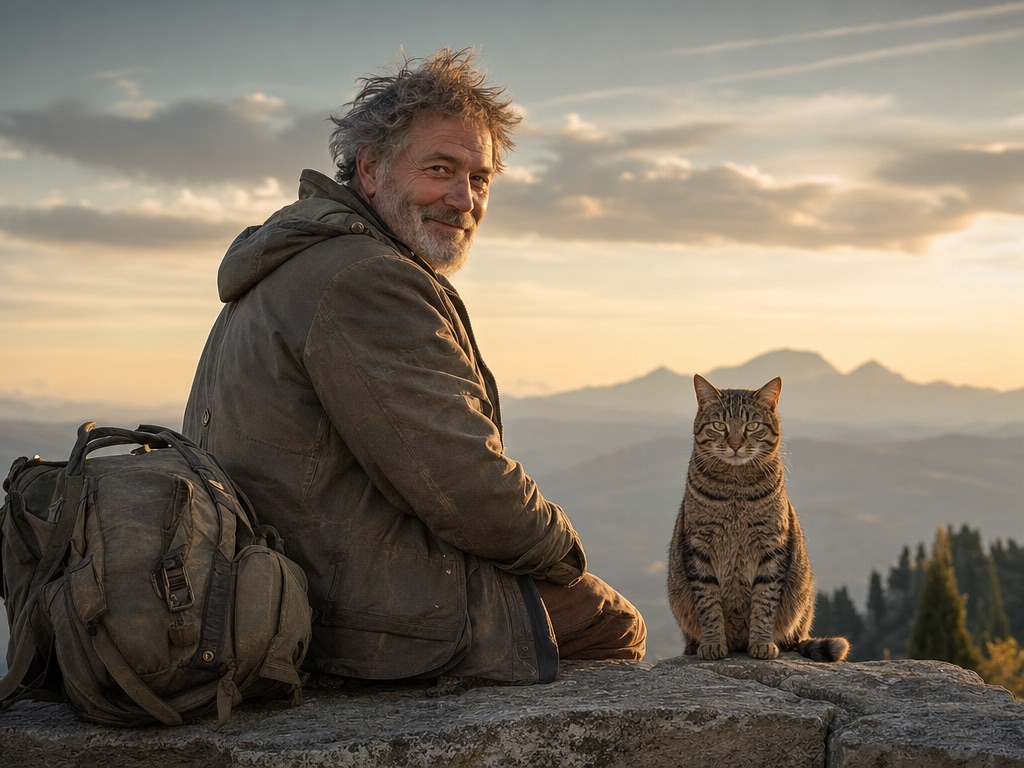 Victor Marleau et son chat Polux, assis face aux montagnes